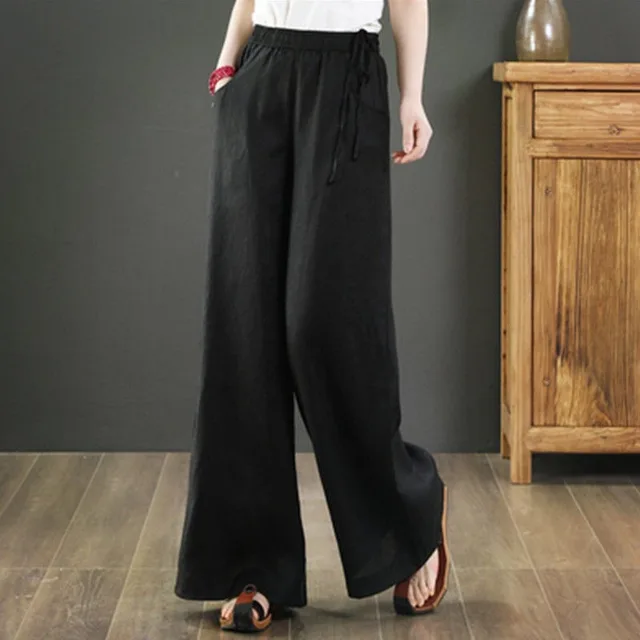 Loose Plus Size Casual Cropped Linen Wide leg Pants Black - Shop at LoveMi