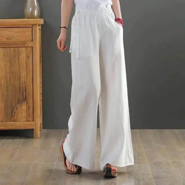 Loose Plus Size Casual Cropped Linen Wide leg Pants White - Shop at LoveMi