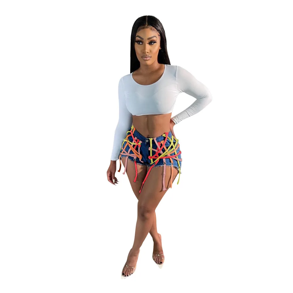 Women's Eyelet Straps Stretch Wash Denim Shorts - Dark Blue Color Bar