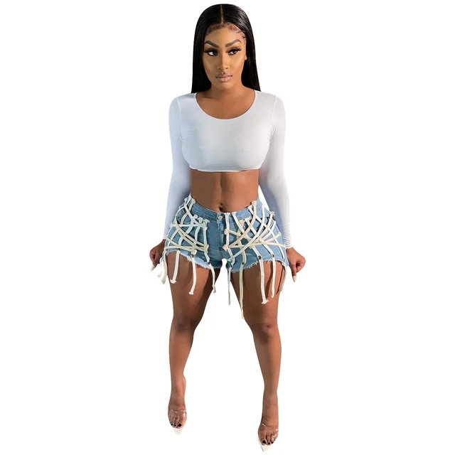Women's Eyelet Straps Stretch Wash Denim Shorts Light Blue - Shop at LoveMi