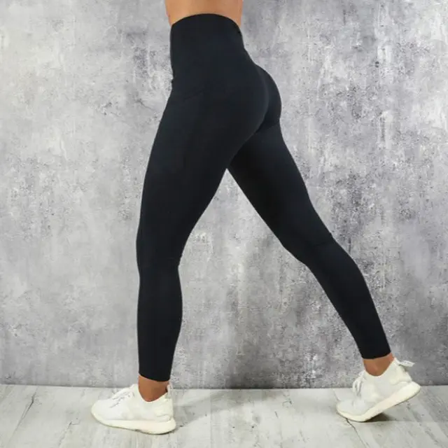 Ladies Solid Color High Waist Fitness Hip Lifting Pants Side Black - Shop at LoveMi