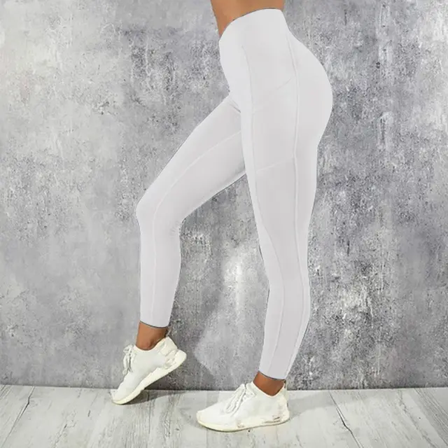 Ladies Solid Color High Waist Fitness Hip Lifting Pants Side White - Shop at LoveMi