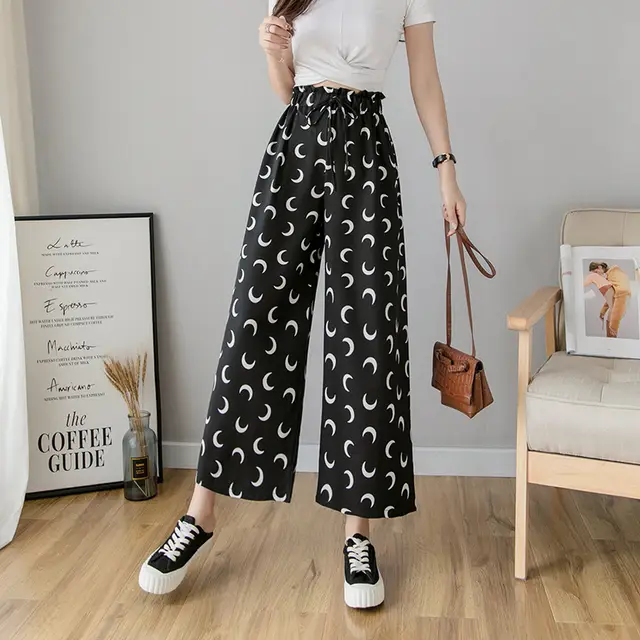 Wide leg Pants Women's Plaid Polka dot Nine point High waisted Straight Slim Loose Thin Casual Pants 1 Style - Shop at LoveMi