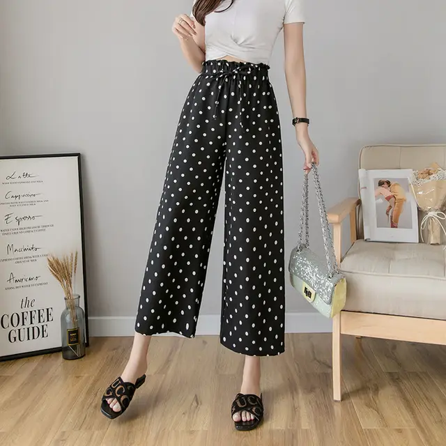 Wide leg Pants Women's Plaid Polka dot Nine point High waisted Straight Slim Loose Thin Casual Pants 2 Style - Shop at LoveMi