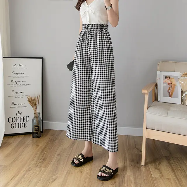 Wide leg Pants Women's Plaid Polka dot Nine point High waisted Straight Slim Loose Thin Casual Pants 3 Style - Shop at LoveMi
