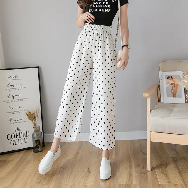 Wide leg Pants Women's Plaid Polka dot Nine point High waisted Straight Slim Loose Thin Casual Pants 5 Style - Shop at LoveMi