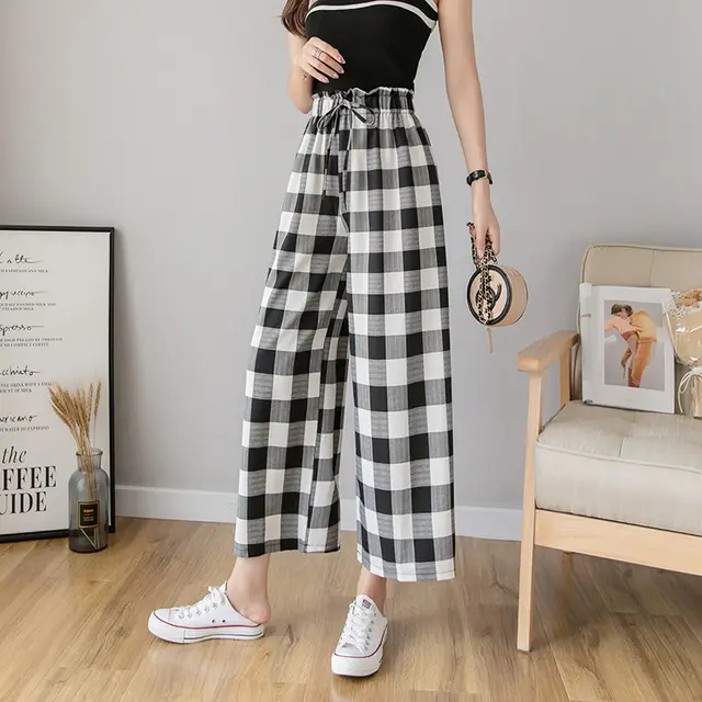 Wide leg Pants Women's Plaid Polka dot Nine point High waisted Straight Slim Loose Thin Casual Pants 6 Style - Shop at LoveMi