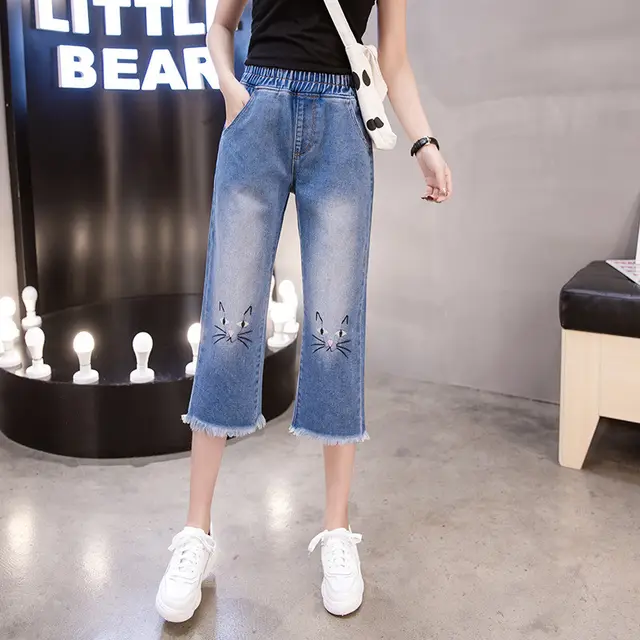 European And American Style Large Size High Waist Loose Cat Pattern Cropped Trousers Blue - Shop at LoveMi