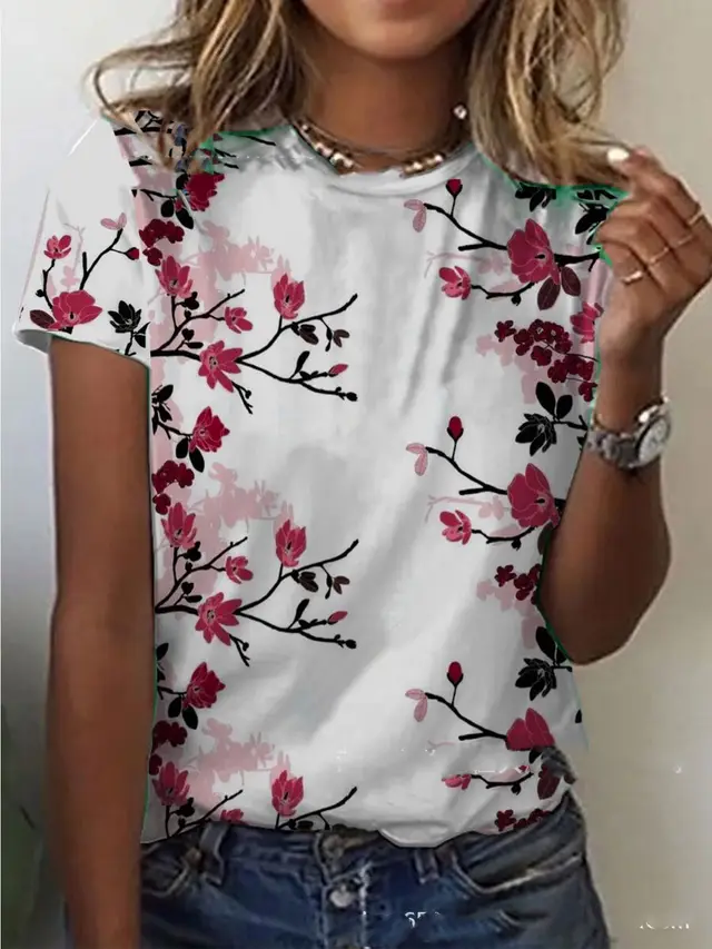 New Women's Floral Print Blouse Round Neck Short sleeved T shirt Red - Shop at LoveMi