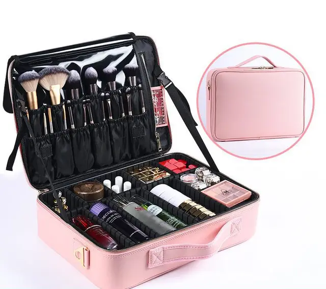 Women's Cosmetic Bag Cosmetic Bag Beauty Storage Box Leather Large 2Layer Powder - Shop at LoveMi