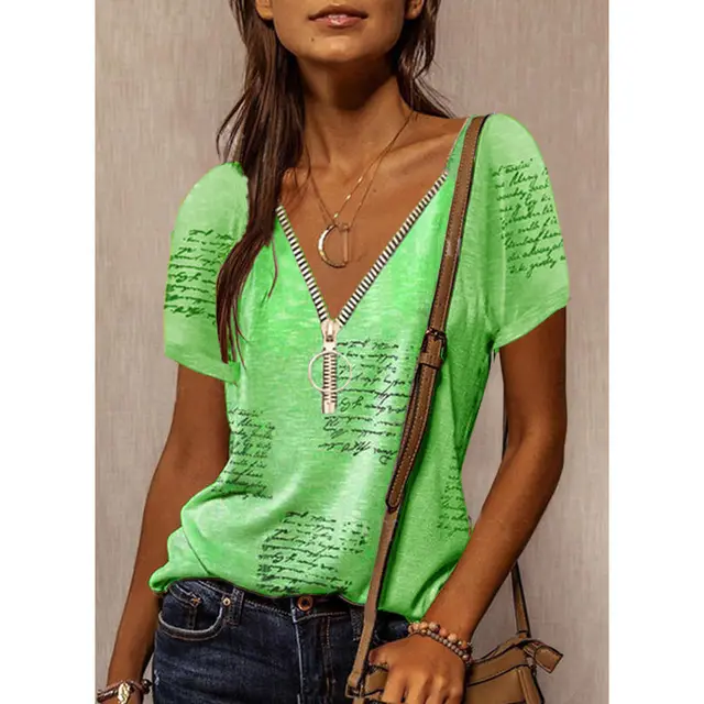 Women's Zipper Casual Top V neck Printed Short sleeved T shirt Green - Shop at LoveMi
