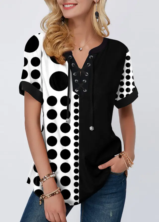 New Summer Print Lace Up Short Sleeved Women's Loose Top Black And White - Shop at LoveMi