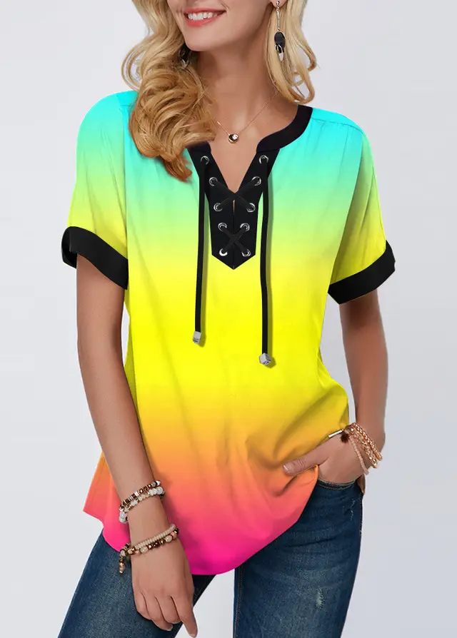 New Summer Print Lace Up Short Sleeved Women's Loose Top Color - Shop at LoveMi