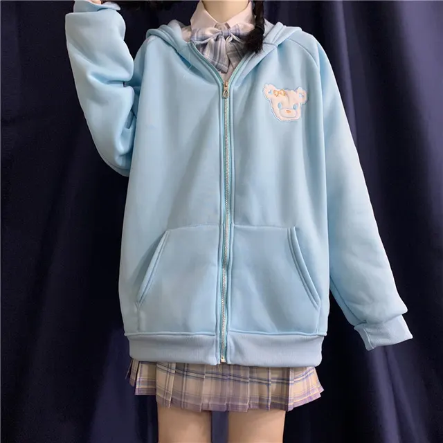 Ins Lazy Bf Plus Velvet Thick Zipper Jacket Tide Sky Blue - Shop at LoveMi