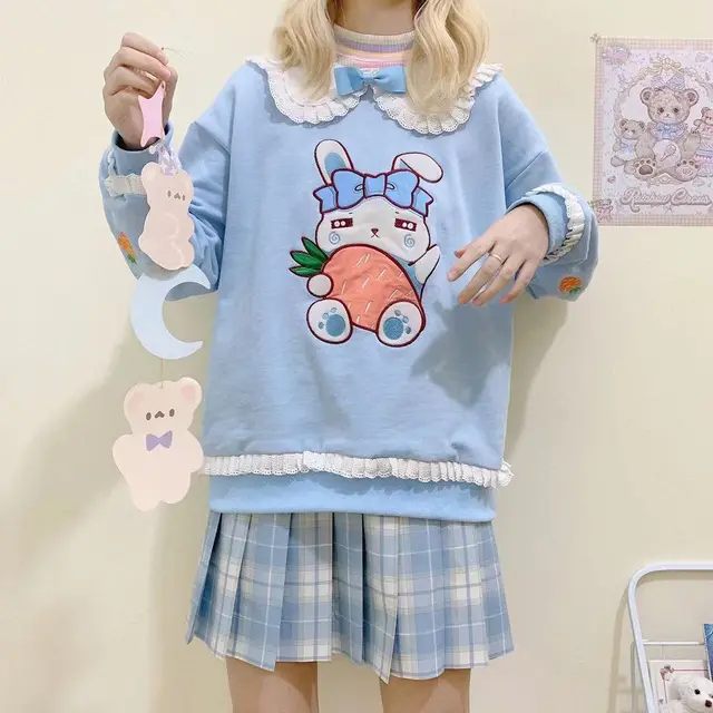 Plush Rabbit Ears Doll Collar Carrot Rabbit Sweater Blue - Shop at LoveMi