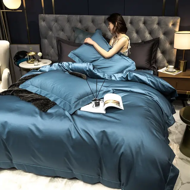 Long staple Cotton Four piece Simple Contrast Color Embroidery Cotton Pure Cotton Sheets Blue - Shop at LoveMi