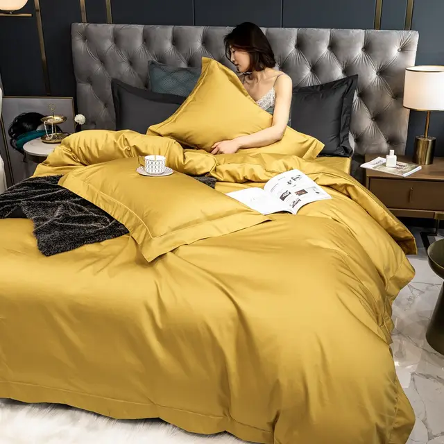 Long staple Cotton Four piece Simple Contrast Color Embroidery Cotton Pure Cotton Sheets Yellow - Shop at LoveMi