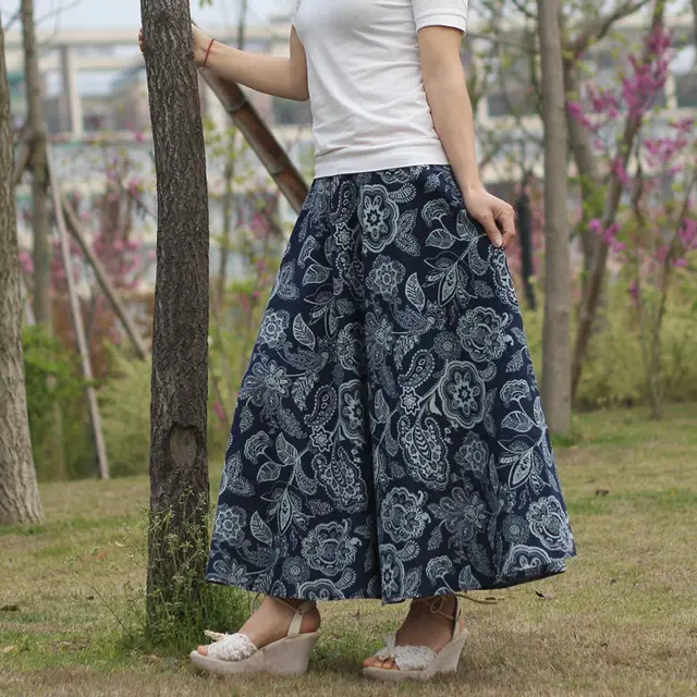 Women's Bohemian Big Swing Skirt Cotton And Linen Long Skirt Skirt Length 90Cm - Shop at LoveMi