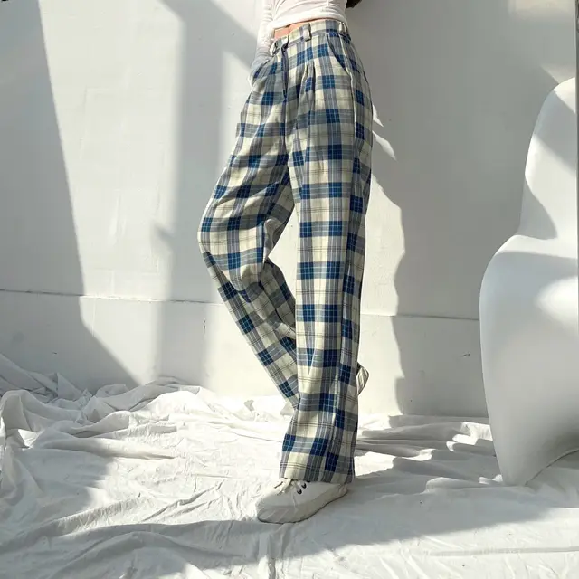 Ice Silk Pants High Waist Plaid Pants Korean Loose Wide leg Pants Blue - Shop at LoveMi