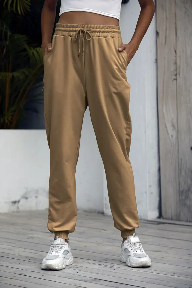 Elastic Tie Solid Color Casual Sweatpants Brown - Shop at LoveMi
