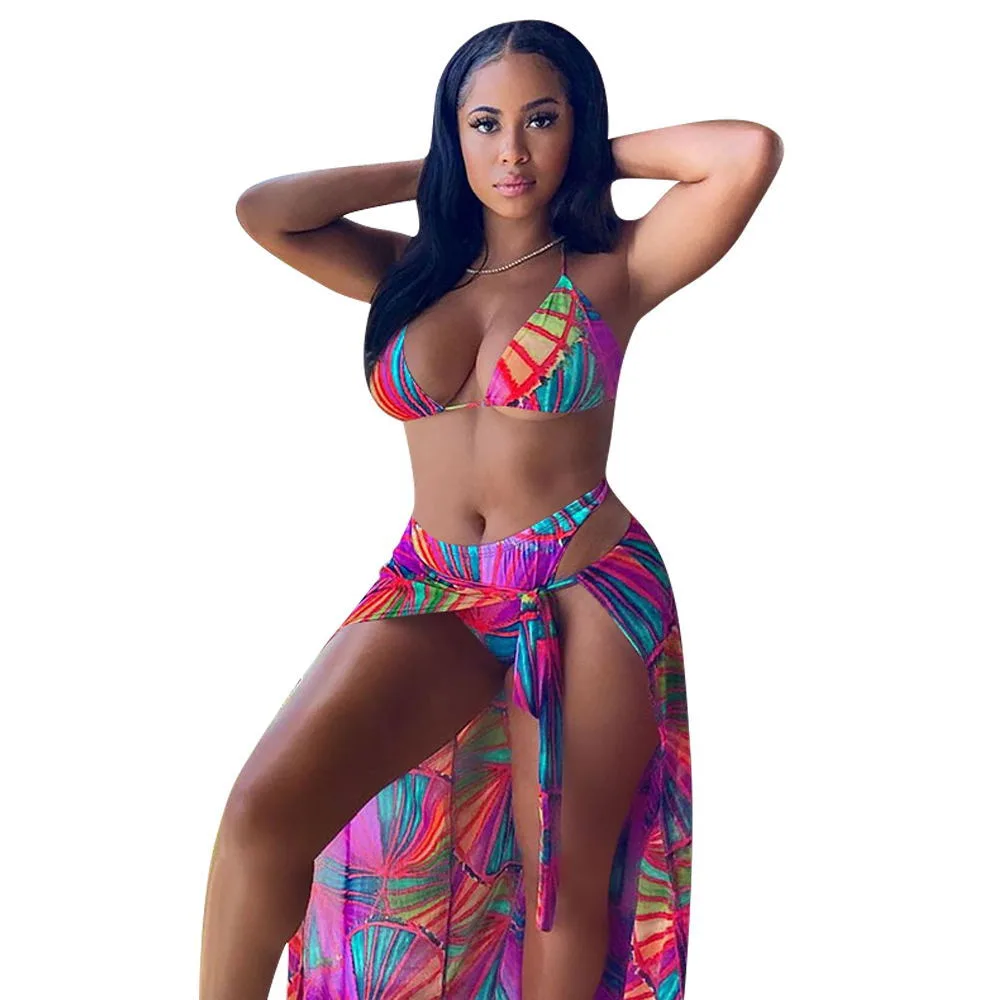 Split Swimsuit Summer Bikini Three piece Print Beach Suit Swimming Sportswear Red - Shop at LoveMi