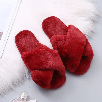 Slippers Women Indoor Plush Thick soled Home Household Furry Non slip Soft Bottom Summer Red - Shop at LoveMi