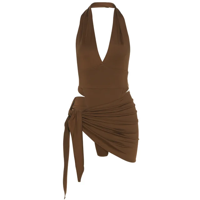 Summer New Women's Sexy V neck Halter Dress Brown - Shop at LoveMi