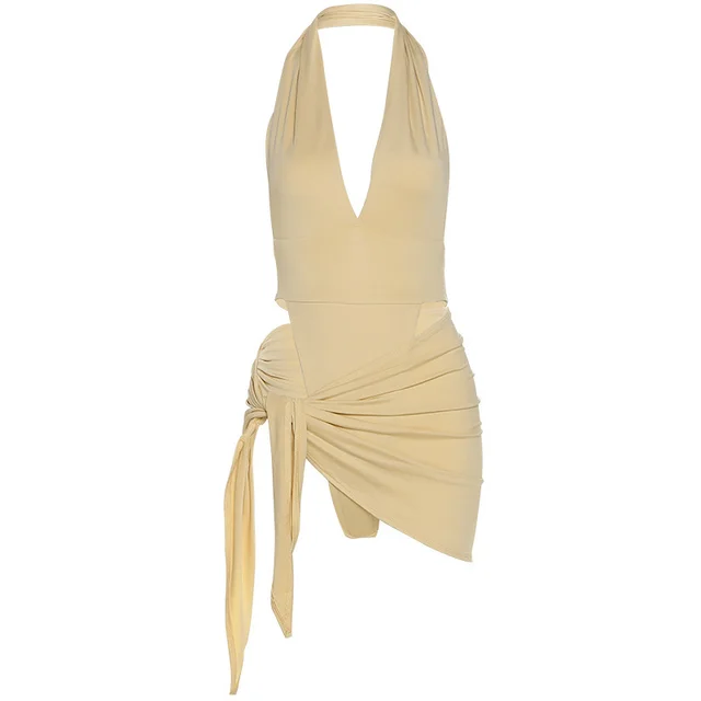 Summer New Women's Sexy V neck Halter Dress Khaki - Shop at LoveMi