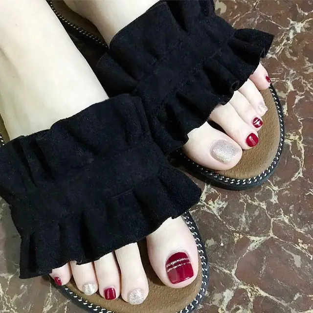 Burgundy Silver Wire Foot Nails Burgundy Silver Glitter Nail Art Piece False Nail Piece Foot Patch Zd252 - Shop at LoveMi
