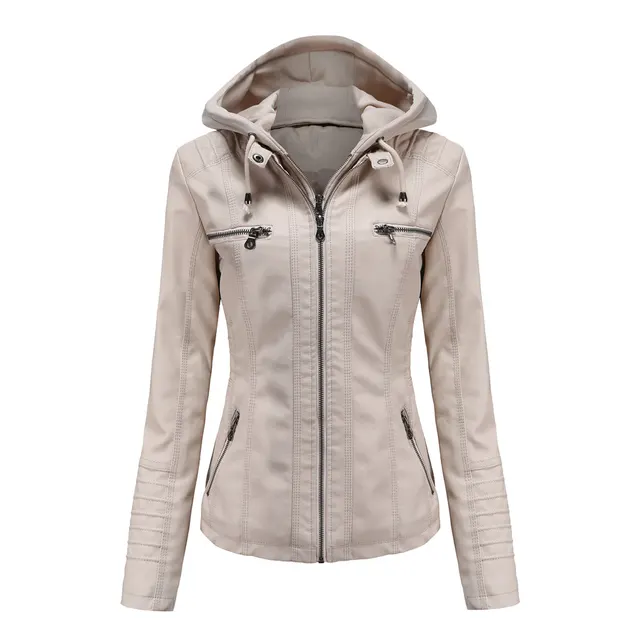 Detachable Two piece Hooded Leather Jacket Beige - Shop at LoveMi