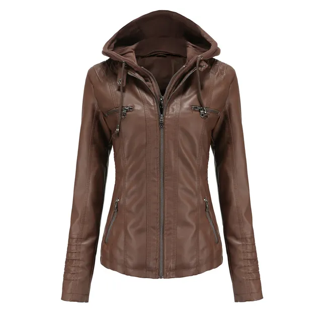 Detachable Two piece Hooded Leather Jacket Coffee - Shop at LoveMi