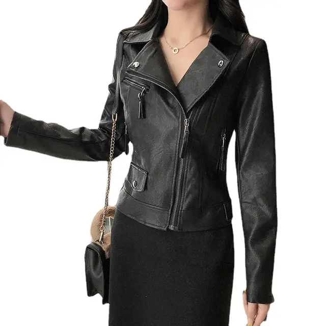 Small Leather Jacket Women's Short Korean Version Of The Thin All match Motorcycle PU Leather Jacket Black - Shop at LoveMi