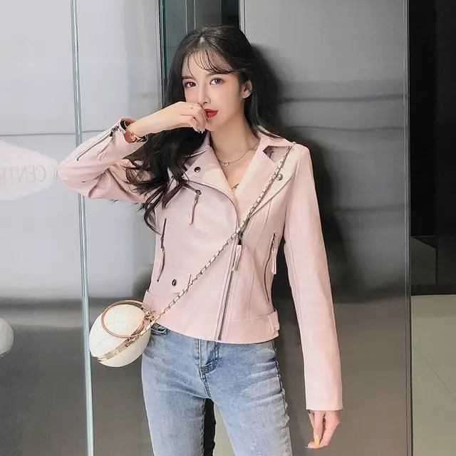 Small Leather Jacket Women's Short Korean Version Of The Thin All match Motorcycle PU Leather Jacket Pink - Shop at LoveMi