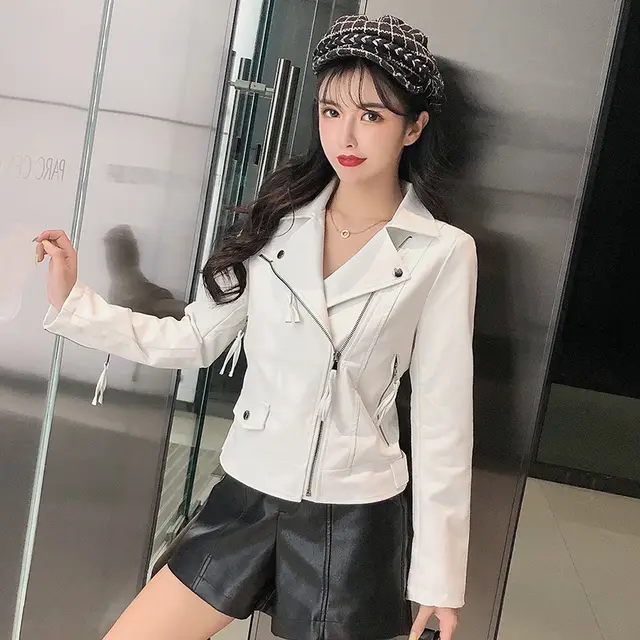 Small Leather Jacket Women's Short Korean Version Of The Thin All match Motorcycle PU Leather Jacket White - Shop at LoveMi
