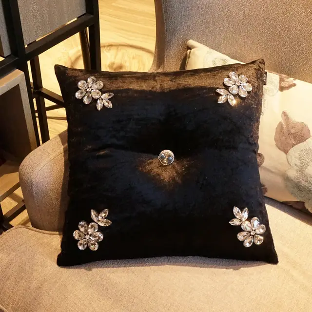 Ins Wind Velvet Crystal Flower Light Luxury Bed Back Cushion Pillow Black - Shop at LoveMi
