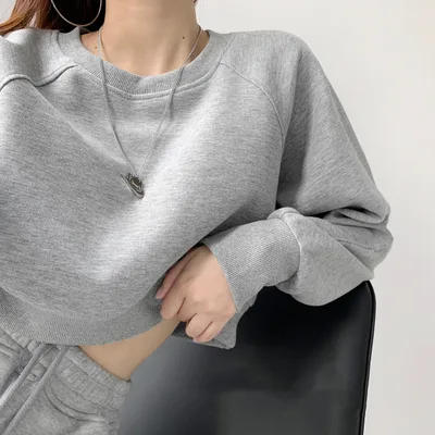 Sports Style Loose Pullover Sweater Women's Niche Casual T shirt High waist Cropped Long sleeved Top Grey - Shop at LoveMi