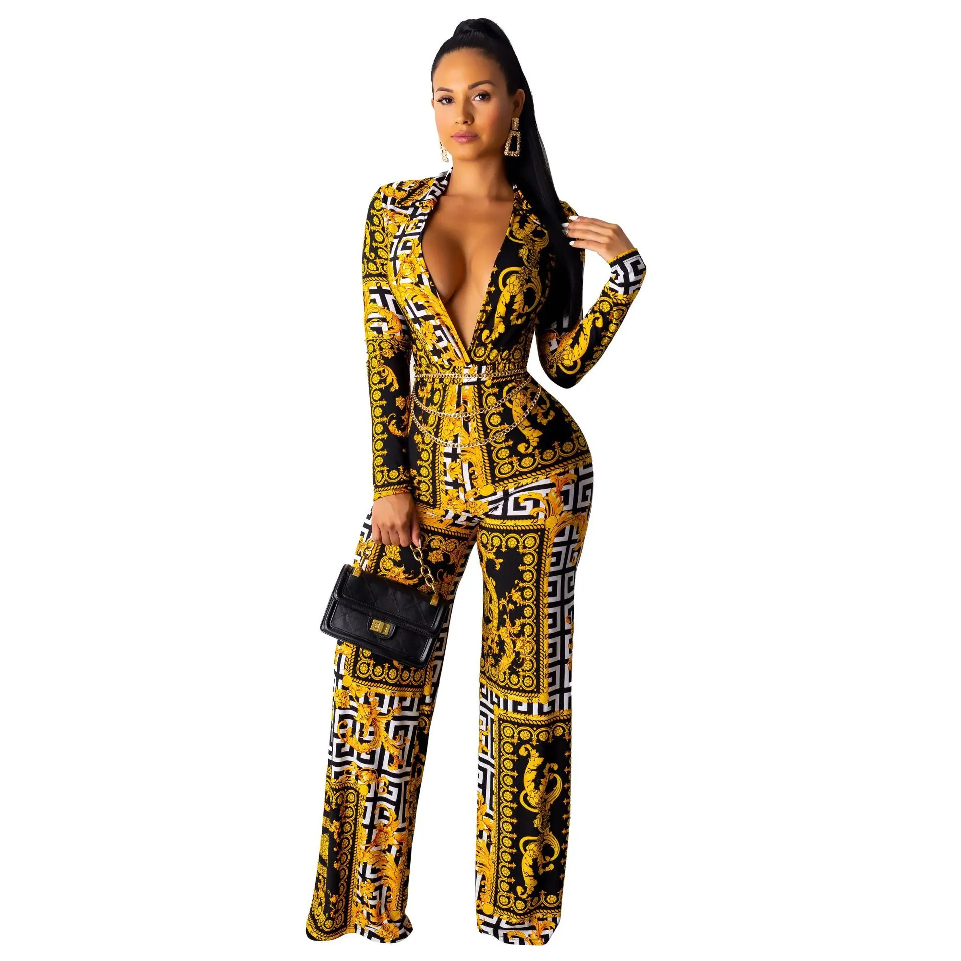 Fashion Digital Printing Long-sleeved V-neck Jumpsuit - Yellow