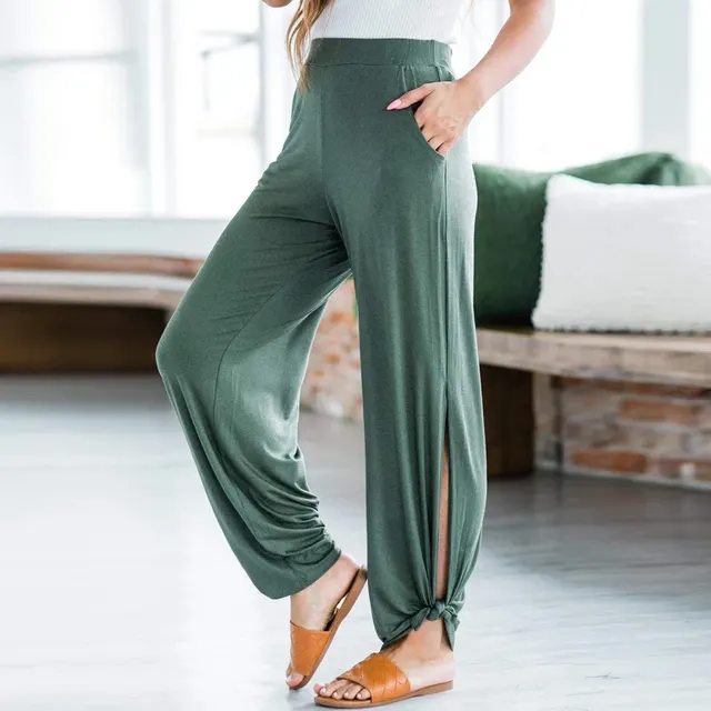 Women's Casual Knitted Trousers With Knotted Slits Green - Shop at LoveMi