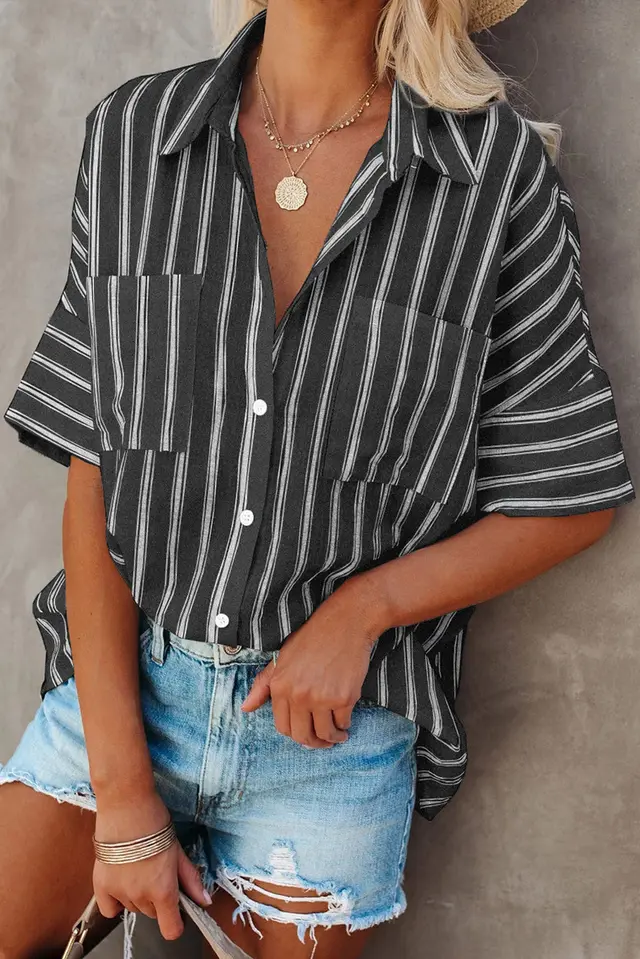 New Style Five Point Sleeve Striped Shirt Women Loose Single Breasted Loose Shirt Black - Shop at LoveMi
