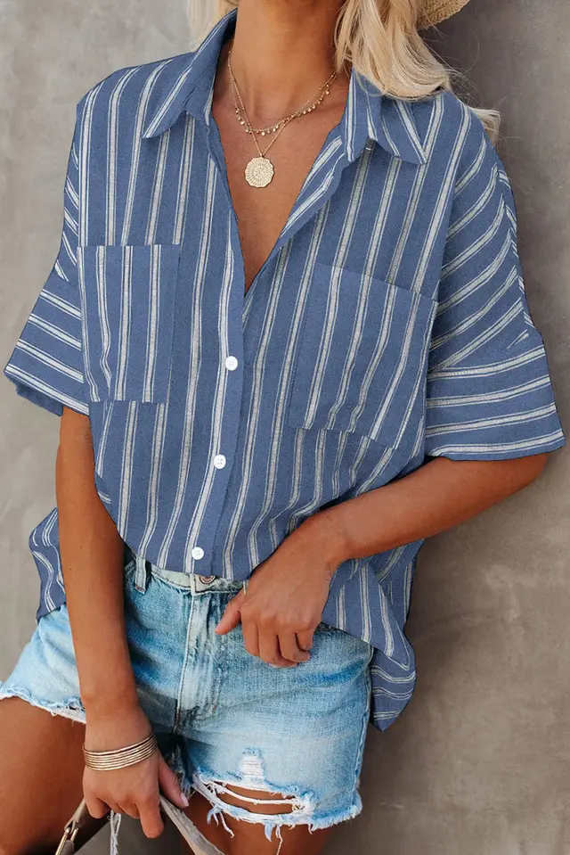 New Style Five Point Sleeve Striped Shirt Women Loose Single Breasted Loose Shirt Dark Blue - Shop at LoveMi