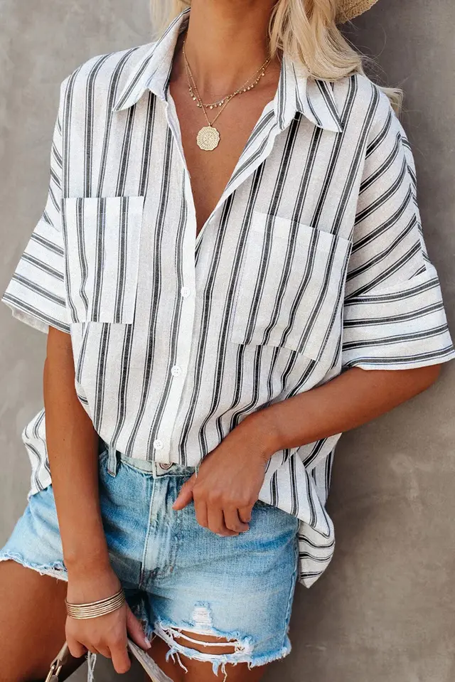 New Style Five Point Sleeve Striped Shirt Women Loose Single Breasted Loose Shirt White - Shop at LoveMi