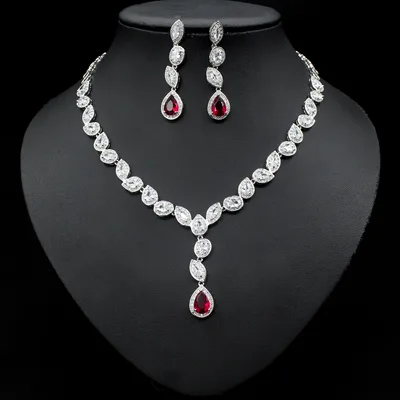 Colorful Zircon Necklace Earrings Clavicle Chain Female Noble Luxury Wedding Dress Three piece Set Red - Shop at LoveMi