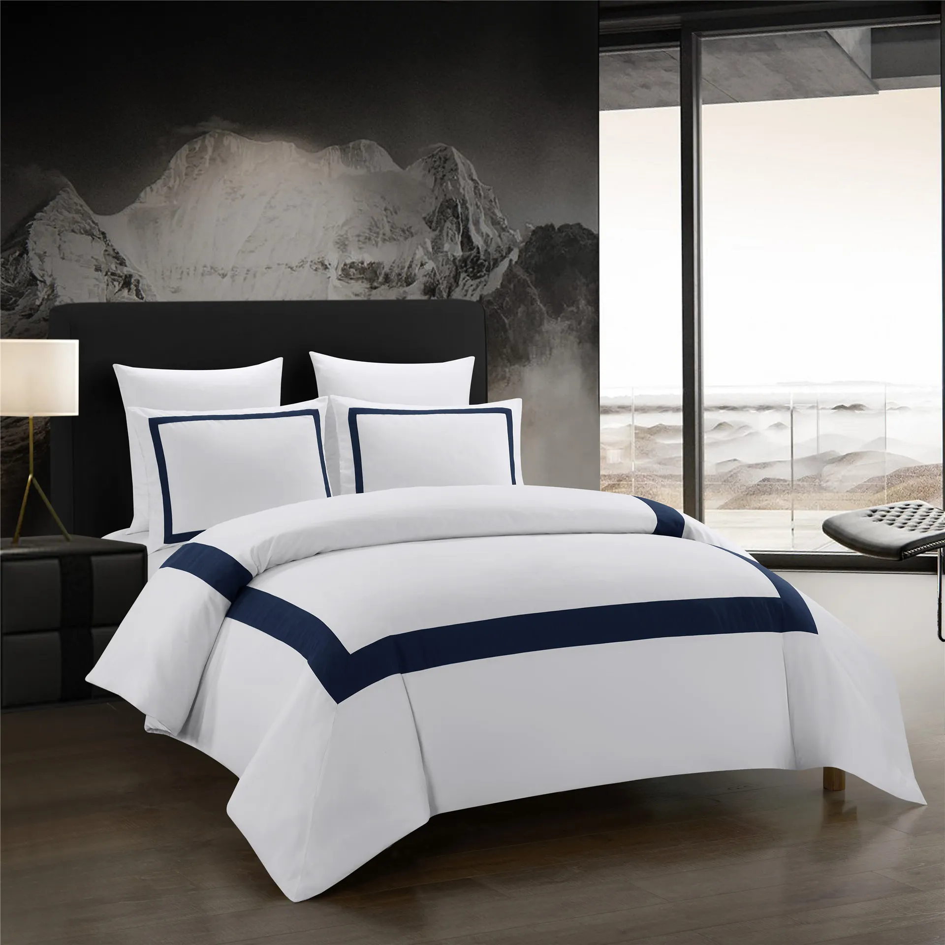Home Textile Three-piece Suit Hotel Style Stitching 3-piece Suit - White Navy Blue