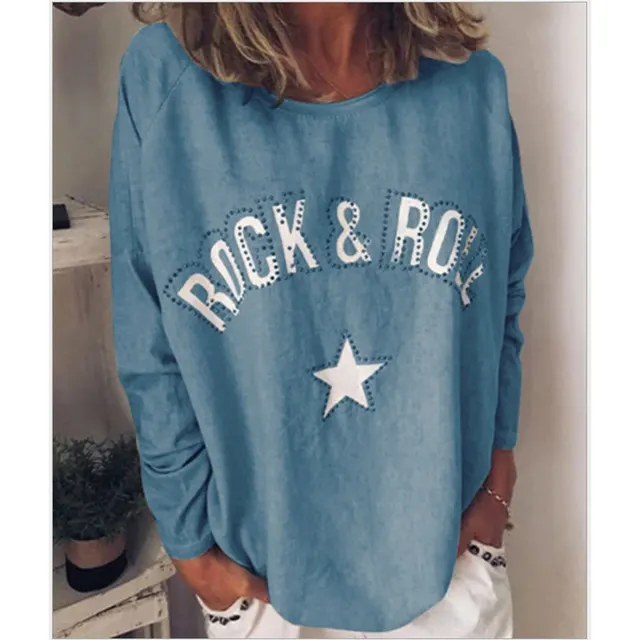 New Women's Printed Diamond Round Neck Long Sleeve Sweatshirt Dark Blue - Shop at LoveMi