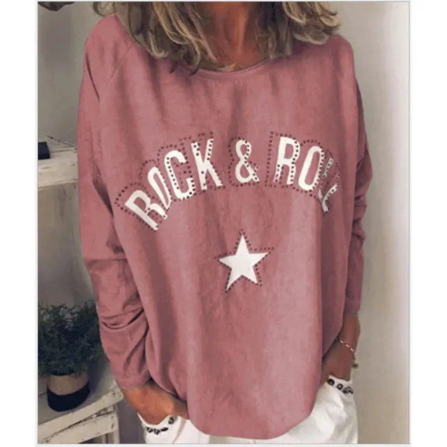 New Women's Printed Diamond Round Neck Long Sleeve Sweatshirt Dark Pink - Shop at LoveMi