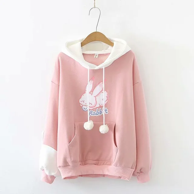 Autumn And Winter New Style Japanese Sweet Long Hooded Cartoon Anime PulloverCotton Loose Sweater Women Pink - Shop at LoveMi