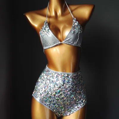 Venus Vacation Diamond Bikini Set Rhinestone Swimwear Bandage Swimsuit Sexy Women Bathing Suit Push Bling Stones Biquini Silver - Shop at LoveMi