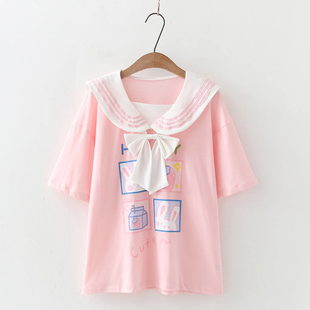 Soft Sister Childlike Cute Rabbit Print Bow Tie Navy Collar Loose Short-sleeved T-shirt Student Shirt Female Summer - Pink