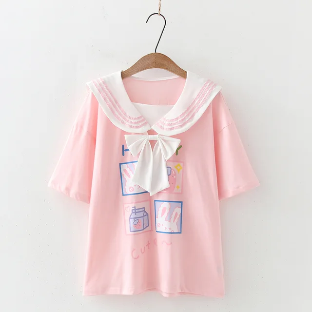 Soft Sister Childlike Cute Rabbit Print Bow Tie Navy Collar Loose Short sleeved T shirt Student Shirt Female Summer Pink - Shop at LoveMi