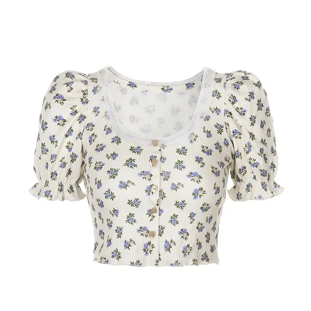 Retro Short Floral Puff Sleeve T shirt Women Creamywhite - Shop at LoveMi